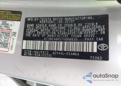 2007 Toyota Camry Le z USA, uszkodzony, nr VIN 4T1BE46K57U666635